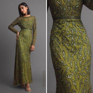Mac Duggal 5124 Size 6 Olive Green Beaded Long Sleeve Evening Gown‎ Maxi Dress